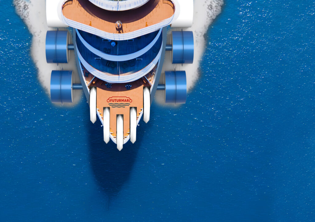 Bow of cruise ship near the pier, aerial top down view